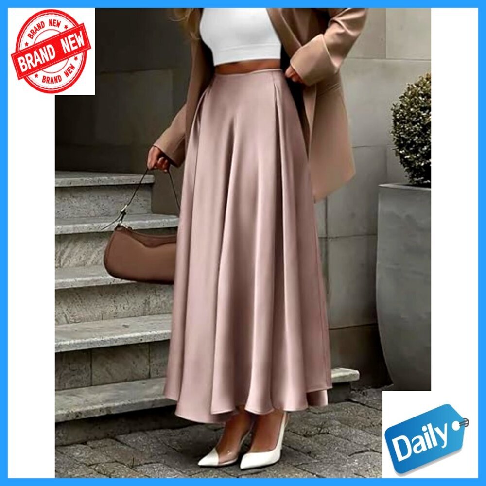 Satin Maxi Skirt High Waist Elastic A-Line Formal Cocktail Night Out - Picture 4 of 7